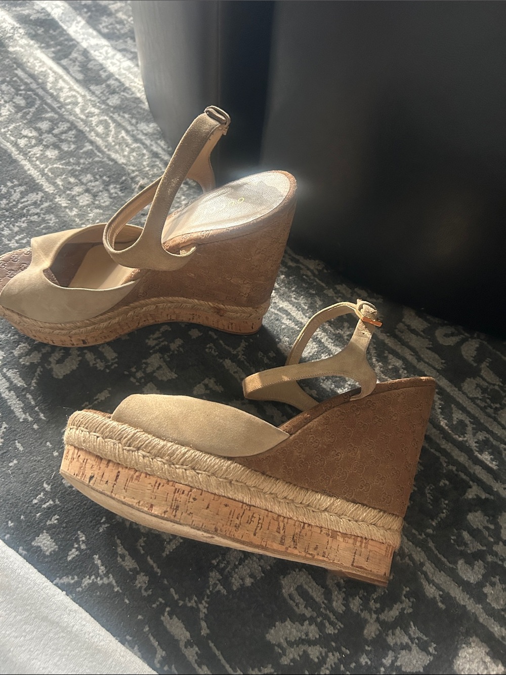Gucci Brown Tan GG Suede Espadrille Wedge Sandals